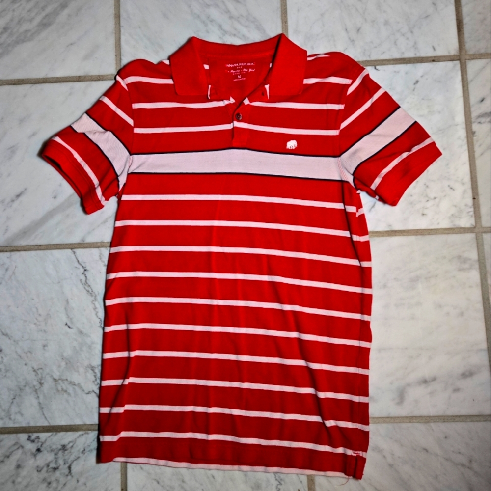 Banana Republic Polo Shirt Mens Medium Red White Striped Short Sleeve Cotton
